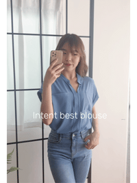 （設計感雪紡) Soft Shirt, Blouse 無領恤翻褶袖口雪紡上衣/ BU9056