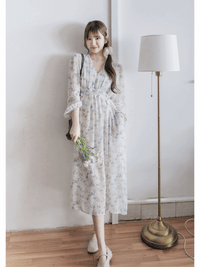 Lavender Daisy Dress 紫藍線條花顯腿長弧腰身口袋連身裙/ DS9997 (pre-order 10月9截單)