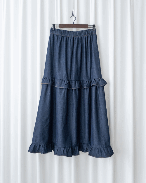Denim Flair Skirt 荷葉邊拼接牛仔車線傘裙/ SK8928 – INTENT style collection