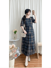 （短袖版) Check Dress 輕優雅雪紡格子傘裙擺連身裙/ DS9868
