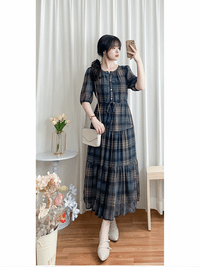 （短袖版) Check Dress 輕優雅雪紡格子傘裙擺連身裙/ DS9868