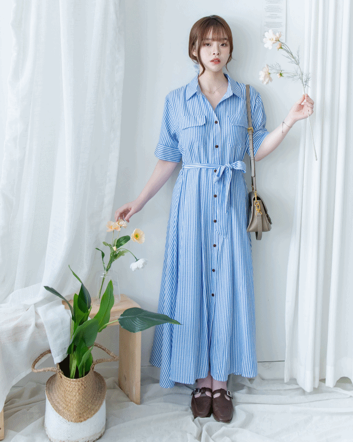 Striped Shirt Dress 藍白拼接直條紋恤衫連身裙/DS1168