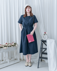French Dress 十字切線彈性抽腰口袋連身裙/DS1164