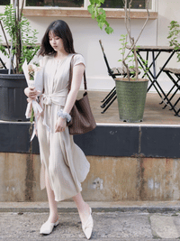 Front Twist Dress 杏色前綁帶簡約連身裙/ DS9972