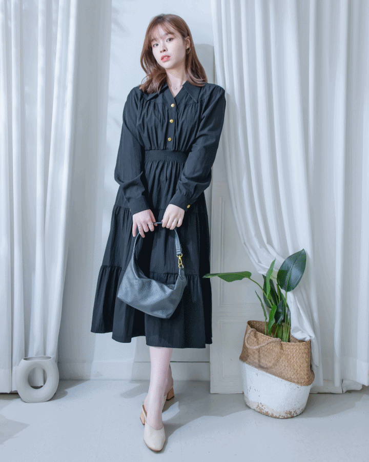 Elegant Dress 金鈕裝飾V領恤衫修腰連身裙/ DS1191