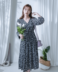 Shadow Dress 疊領簡約白色剪影印花修腰連身裙/ DS1203