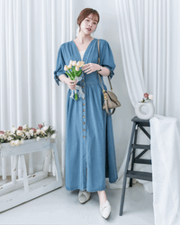 Denim Ribbon Dress 牛仔 V 領袖口綁帶假修腰連身裙/DS1156