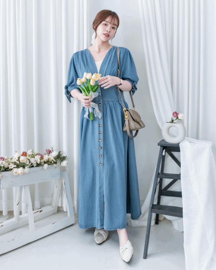 Denim Ribbon Dress 牛仔 V 領袖口綁帶假修腰連身裙/DS1156