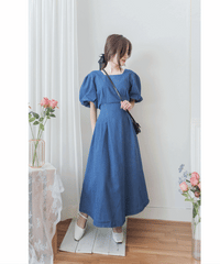 (後綁帶秒變高腰) Denim 牛仔色束高腰腰下車褶連身裙, Dress/ DS9634