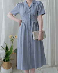 MistBlue Dress 霧藍翻領獨特腰線隨性優雅連身裙/DS1167