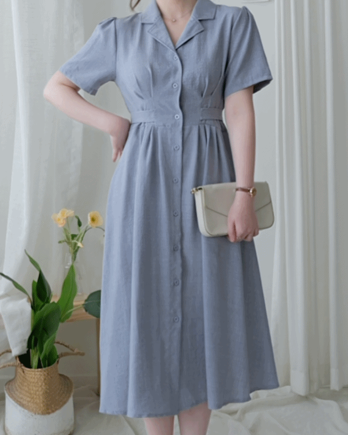 MistBlue Dress 霧藍翻領獨特腰線隨性優雅連身裙/DS1167