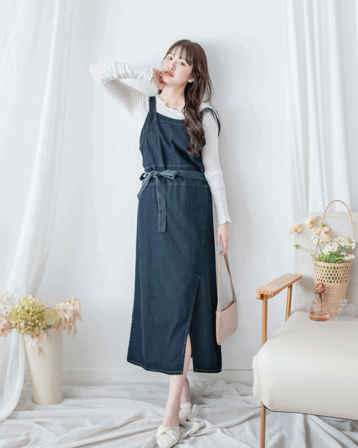 Denim Vest Dress 深藍隨性側開衩質感牛仔吊帶裙/ DS1084