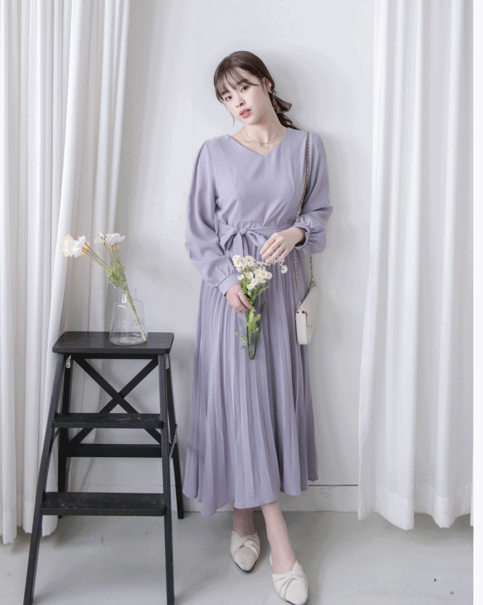 Lavender Pleated Dress 淡薰衣草搖曳波浪百褶連身裙 / DS1032