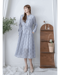 AliceBlue Check Dress 愛麗絲雪紡藍色菱格口袋連身裙/ DS1062 （pre-order 1月25日)