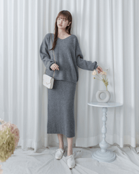V-neck Knit Skirt Set 細膩條紋V領上衣直裙套裝/ SE8106 (Pre-order 2月5日截單)