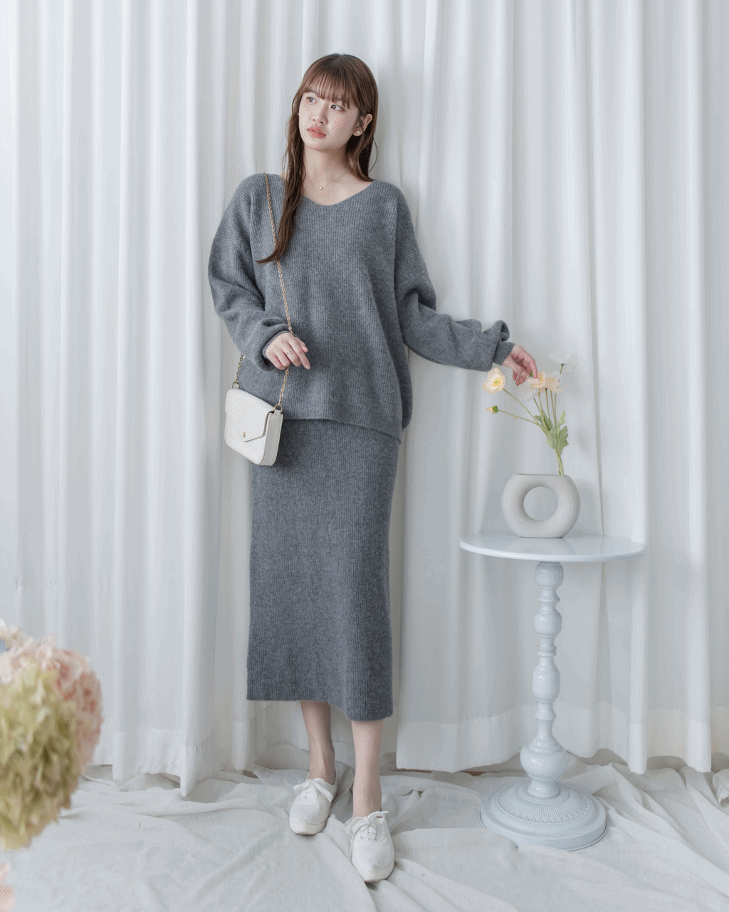 V-neck Knit Skirt Set 細膩條紋V領上衣直裙套裝/ SE8106 (Pre-order 2月5日截單)