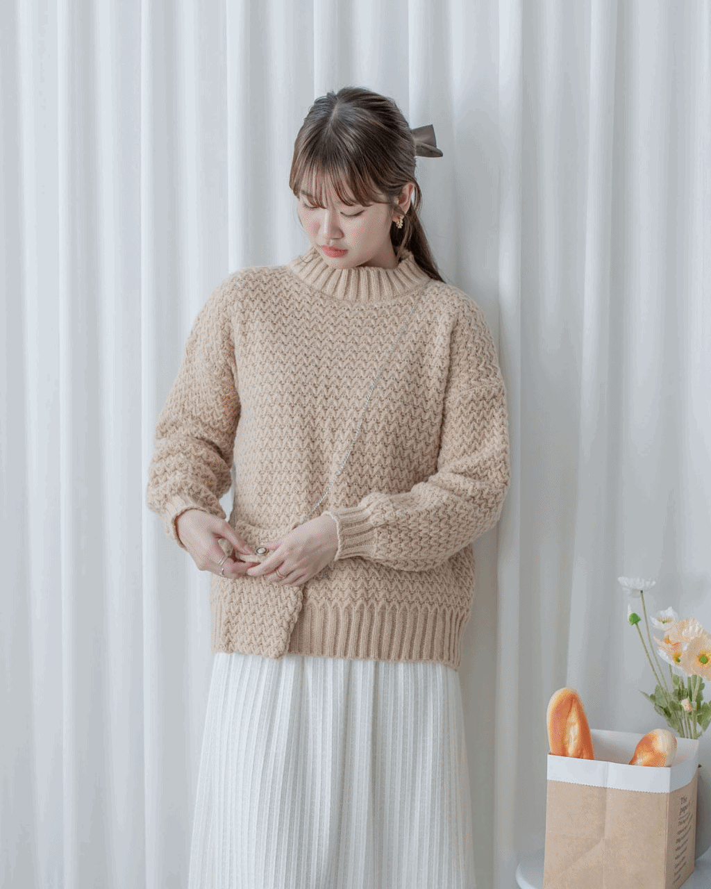 Knit Sweater Chain Bag Set 同織紋鎖鏈小包圓領針織衣套裝/ SE8105