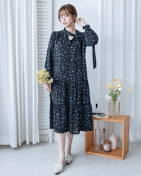 Scarf Floral Dress 飄帶花邊袖印花連身裙/ DS1189