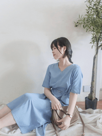 Side Slit Denim V領牛仔色開叉手袖 Dress/ DS9892 (pre-order)