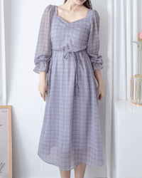 Lavender Check Dress 薰衣草方領格紋顯腰連身裙/ DS1020
