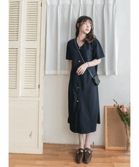 【Intent x Korea label】（100%防皺彈性) Navy V領金鈕扣傘袖開叉裙擺連身裙, Dress/ DS9545