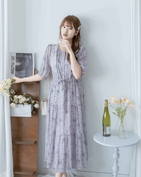 Acasia Dress 淡雅花束防皺暗格紋修腰連身裙/ DS1147