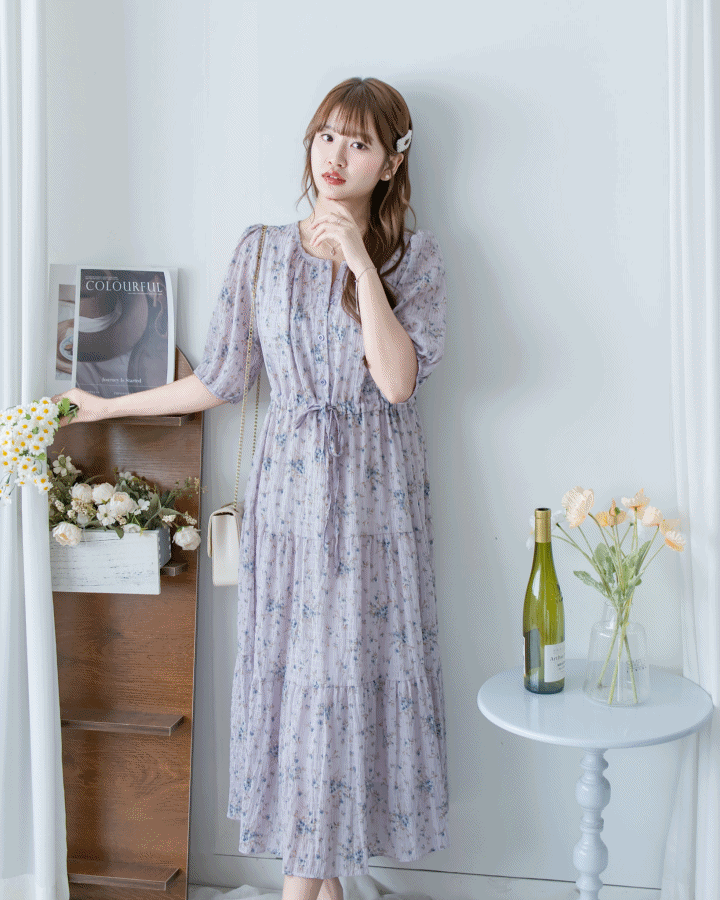 Acasia Dress 淡雅花束防皺暗格紋修腰連身裙/ DS1147
