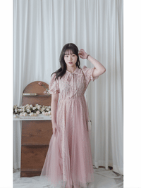 Veil Floral Dress 蝴蝶領口拼紗外層印花傘形連身裙/ DS9855