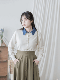 Denim Knit Caridigan 假兩件設計牛仔套頭舒適彈性針織/ TP9187