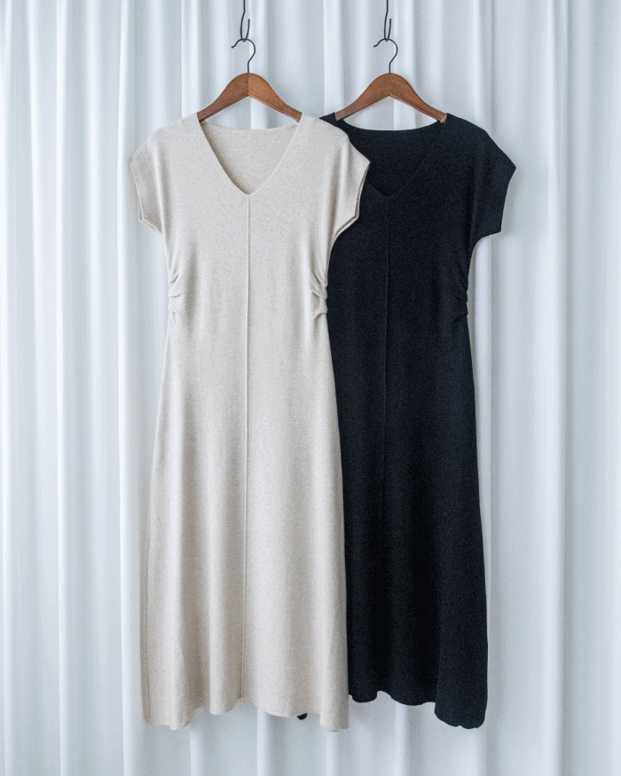 Knit Dress 修身彈性腰身抓皺 V 領針織連身裙/ DS1186