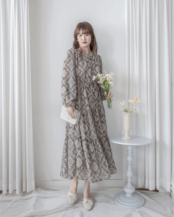 【intent X Korea label】Geometric Dress 菱格圖騰印雪紡連身裙/ DS1046