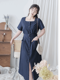 （BEST Intent made 獨家款）Navy Belt Dress 深藍方領口藍調雲石方釦腰帶連身裙/ DS3001