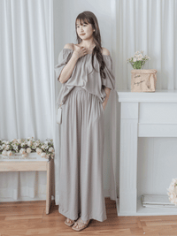 Sophie 涼感皺摺衣領闊腳兩件套 SET/ SE8076 (pre-order beige)