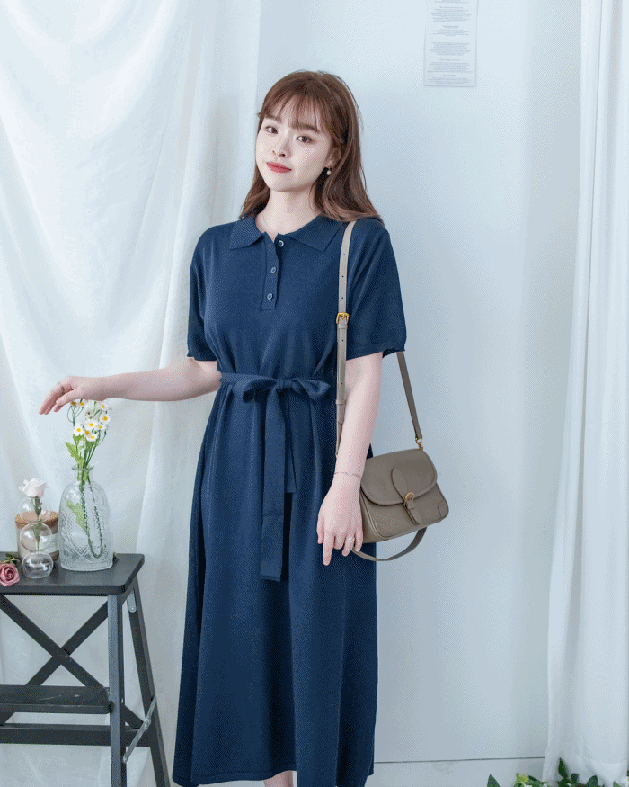 Cotton Dress 夏日輕薄針織翻領腰帶修腰連身裙/ DS1142