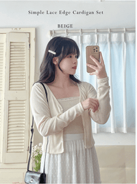 Simple Lace Edge Cardigan Set 防皺平領口幼通花吊帶＋直紋外套/ TP9121