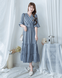Geometric Dress 幾何剪紋印花疊V領後腰彈性連身裙/ DS1193