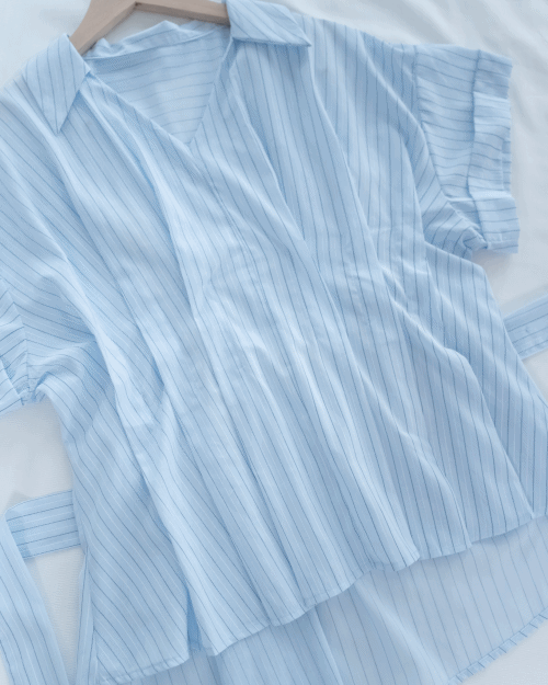 Blue Stripe Shirt 拼織條紋車褶腰帶襯衫上衣/ BU9143 (pre-order)