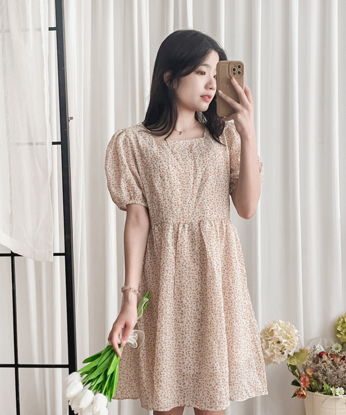 Bubble Floral 方領口泡泡䄂春日小花皺皺連身裙,Dress/  DS9264 (pink sold out)