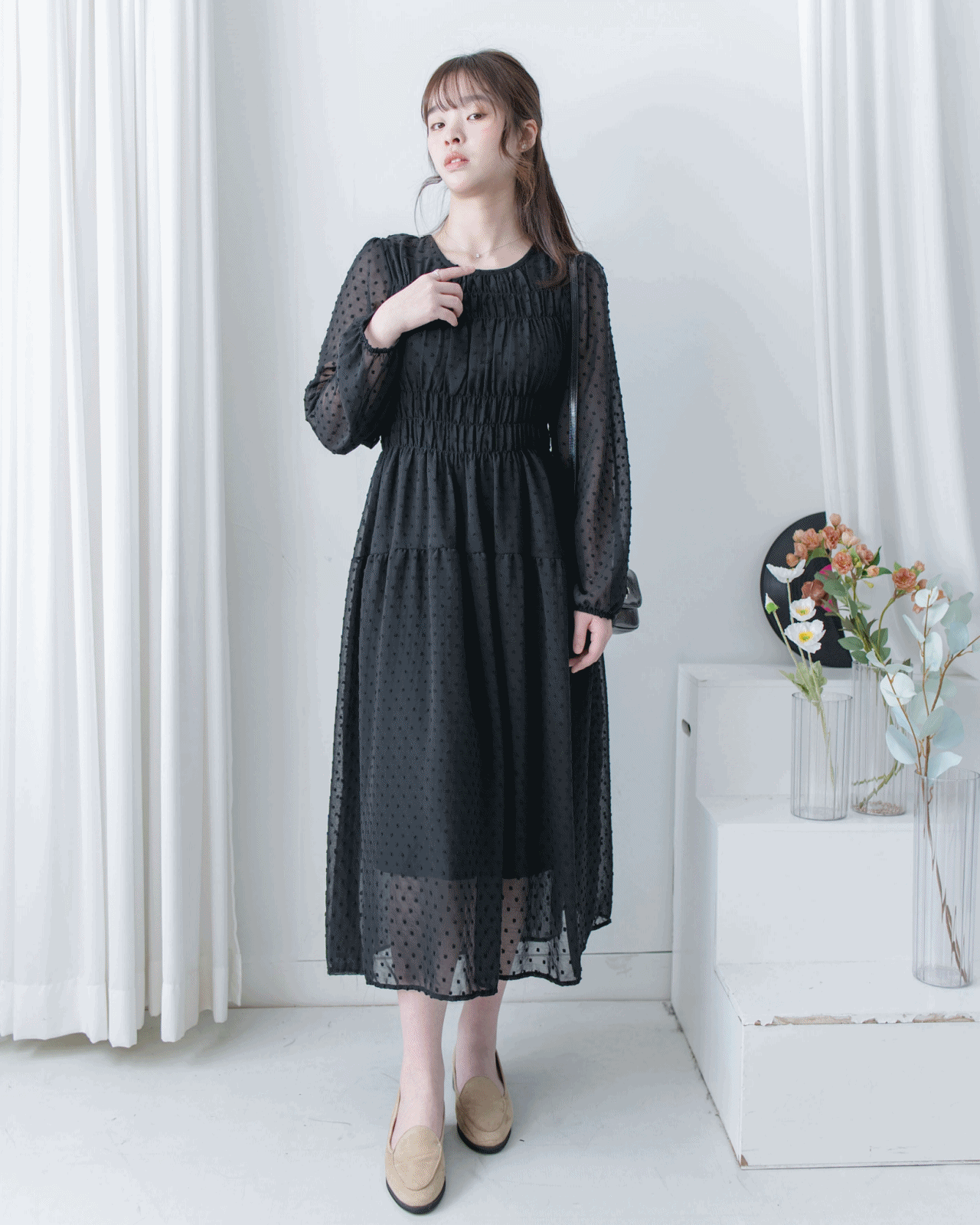 Romantic Dot Dress 浪漫立體點紋修身雪紡連身裙/ DS1073