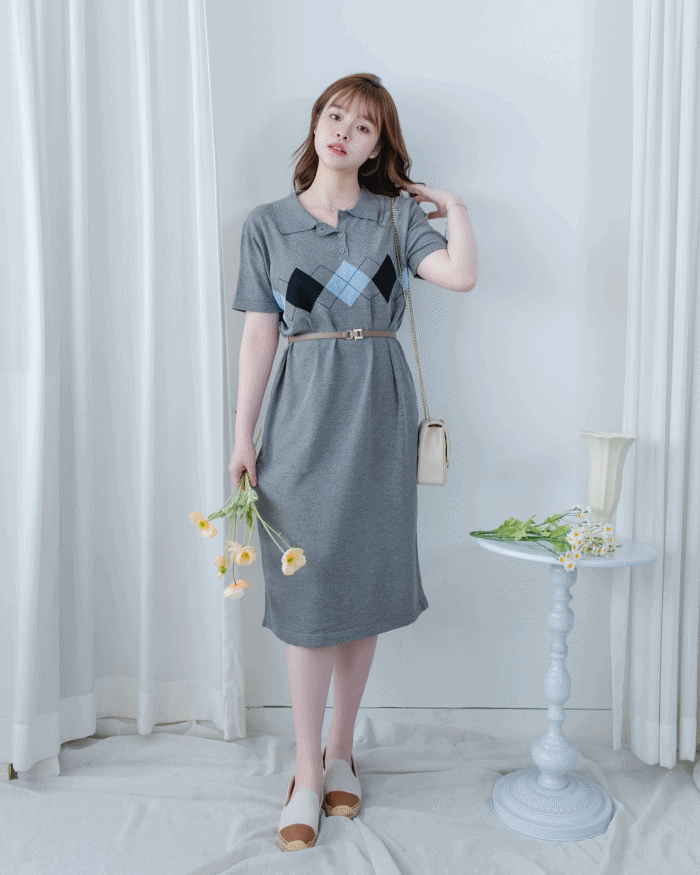 Check Knit Dress 英倫格紋翻領舒適連身裙/ DS1107