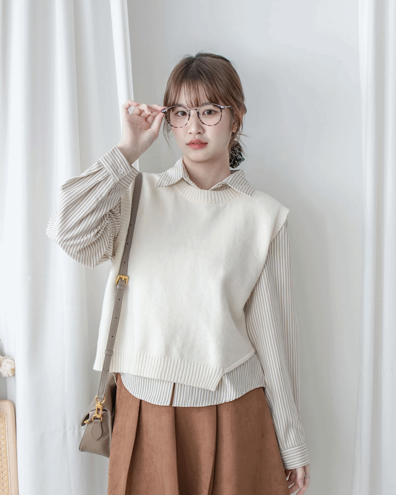 Stripe Shirt Set 不規則下擺針織背心條紋襯衫套裝/ SE9087