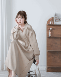 Collar Pleated Dress 翻領口前車褶顯瘦修腰口袋連身裙/ DS1092