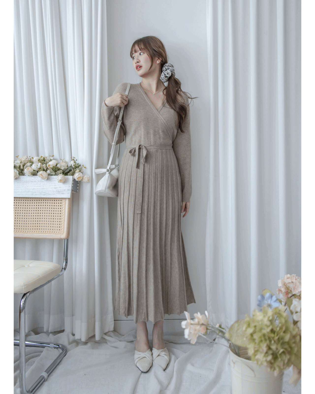 Wrap Dress 疊V領立體線條針織裙擺彈性連身裙/ DS1049