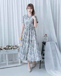 Porcelain Shirt Dress 無領陶瓷植物花印花恤衫連衣裙/DS1166 (Pre-order white)