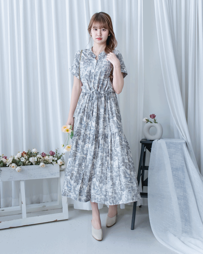 Porcelain Shirt Dress 無領陶瓷植物花印花恤衫連衣裙/DS1166 (Pre-order white)