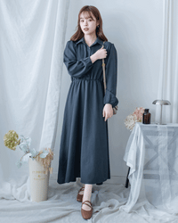Shirt Dress 知性翻領橡筋腰線微絨連衣裙/ DS1195