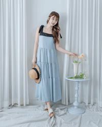 Striped Ribbon Dress 藍白拼黑色平口蝴蝶結傘形連身裙/ DS1109