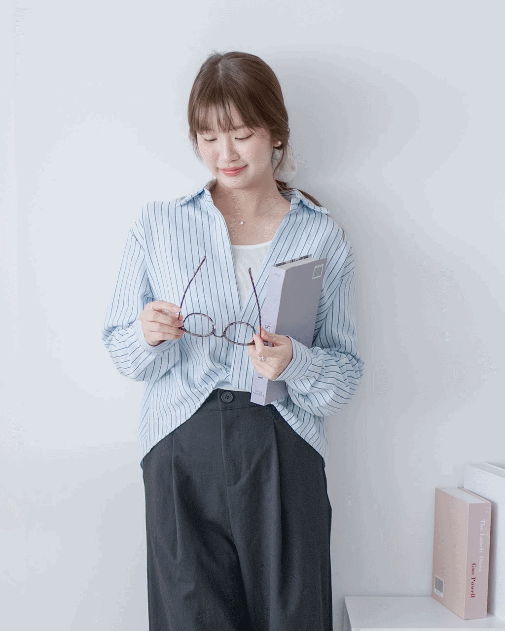 Stripe Layered Twist Shirt 立體細褶條紋綁結套裝恤衫/ SE8109