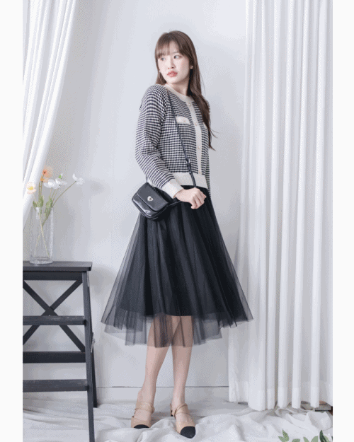 【現貨限量回歸 新增𝔹𝕝𝕒𝕔𝕜 ✨】COCO Dress 優雅千鳥格紋黑色紗裙假兩件連身裙/ DS1033