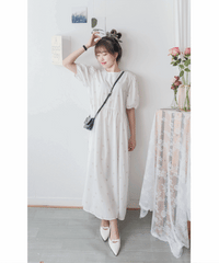 Beige Ribbon, Dress 粉杏蝴蝶印花寬鬆日常弧腰線長裙/ DS9596